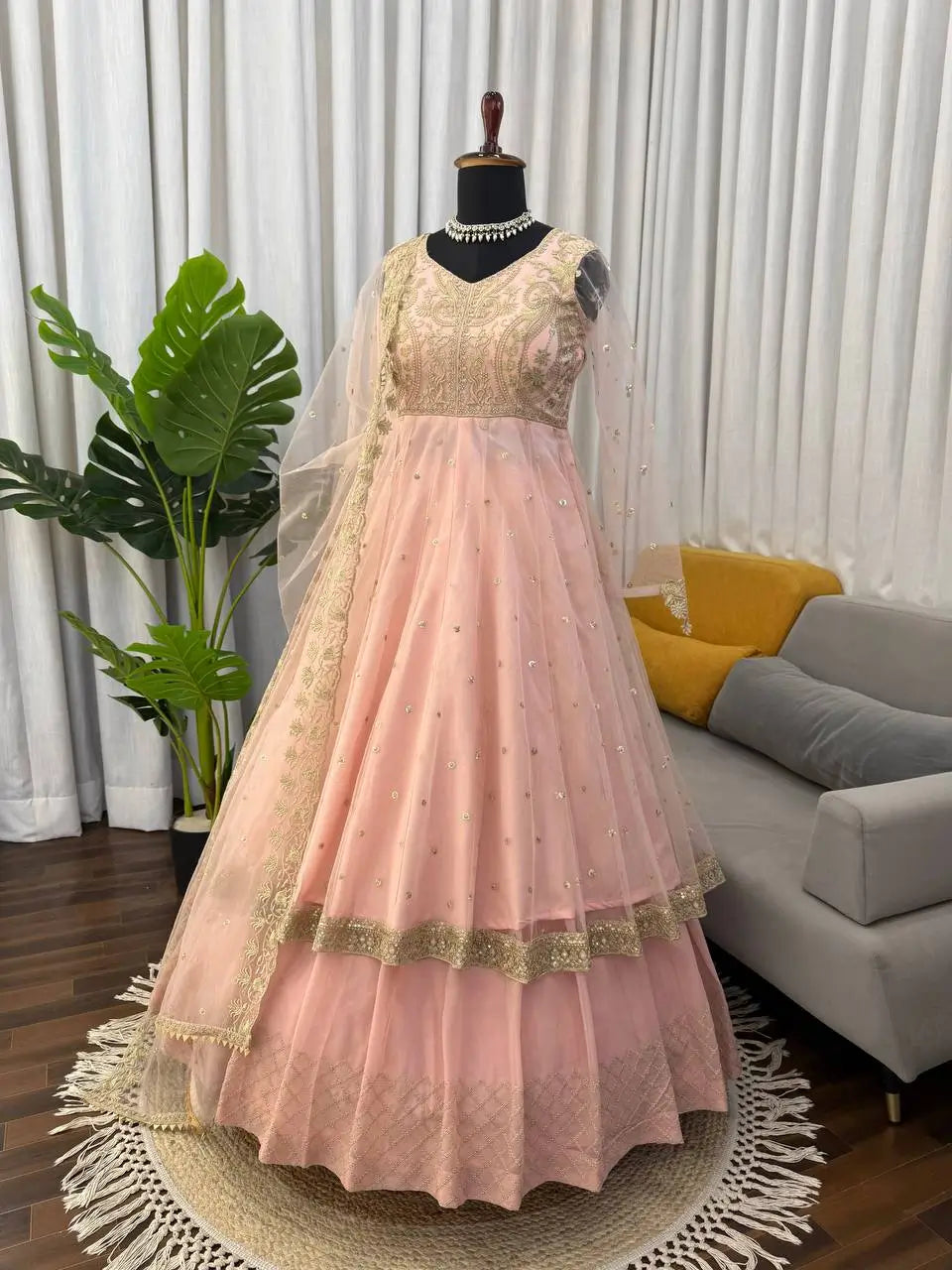Embroidered Faux Georgette blue Gown Lehenga Dupatta Set