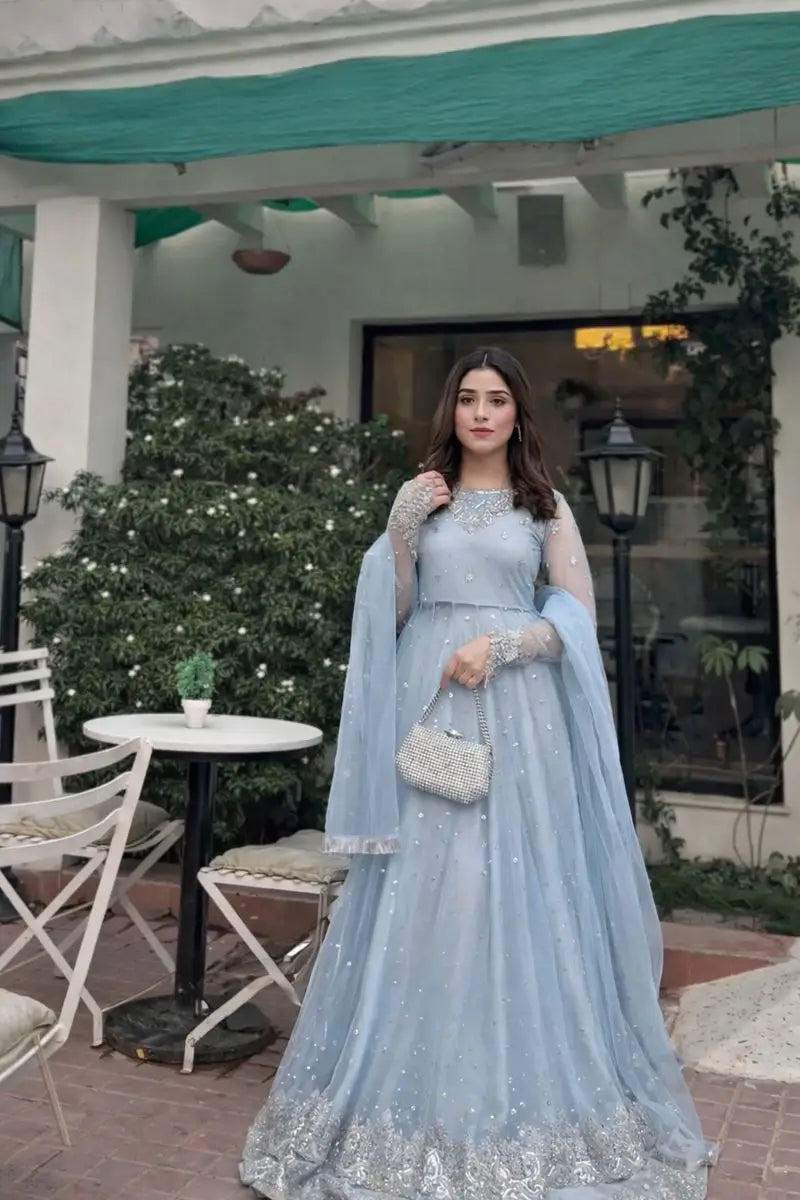 Embroidered Faux Georgette blue Gown Lehenga Dupatta Set