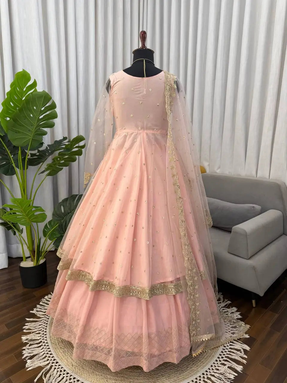 Embroidered Faux Georgette blue Gown Lehenga Dupatta Set