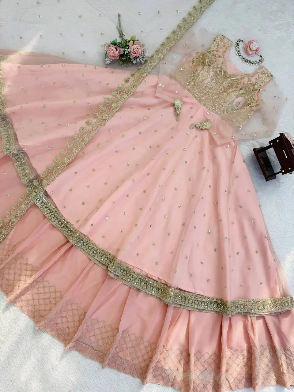 Embroidered Faux Georgette blue Gown Lehenga Dupatta Set