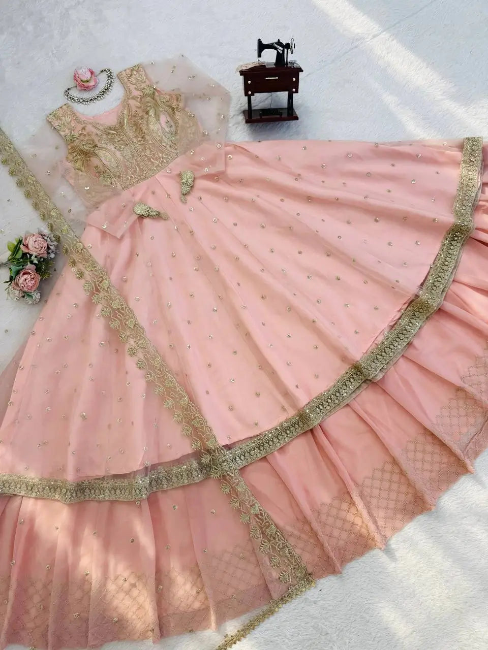 Embroidered Faux Georgette blue Gown Lehenga Dupatta Set