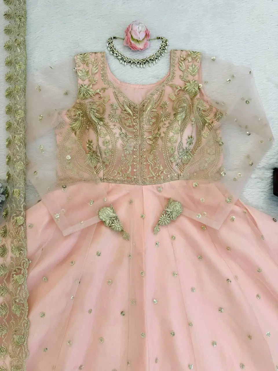 Embroidered Faux Georgette blue Gown Lehenga Dupatta Set