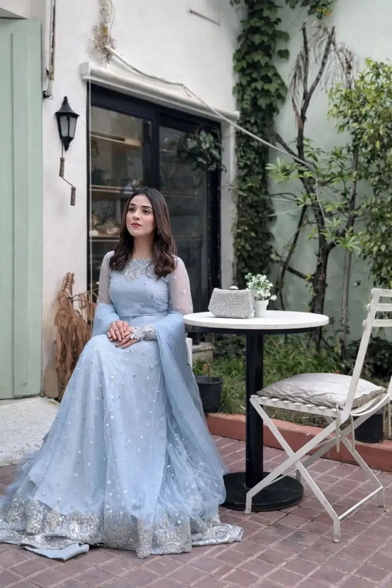 Embroidered Faux Georgette blue Gown Lehenga Dupatta Set