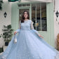 Embroidered Faux Georgette blue Gown Lehenga Dupatta Set