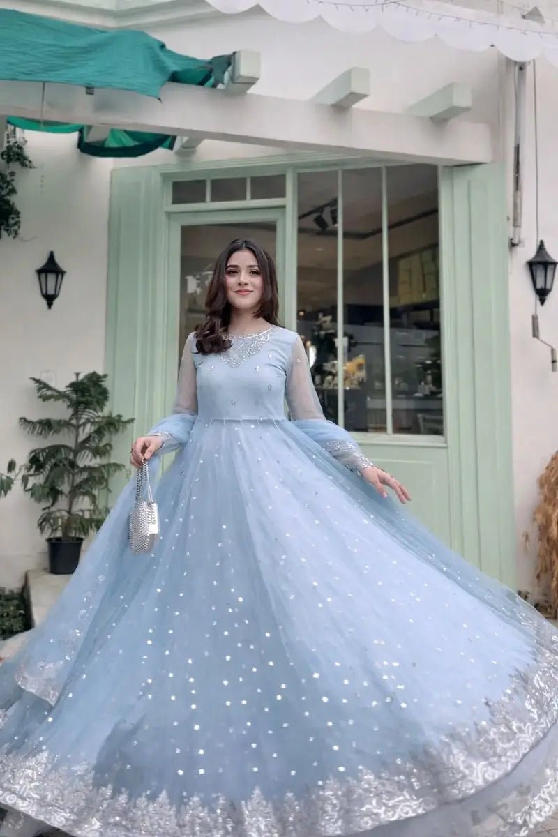 Embroidered Faux Georgette blue Gown Lehenga Dupatta Set