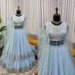 Embroidered Faux Georgette blue Gown Lehenga Dupatta Set