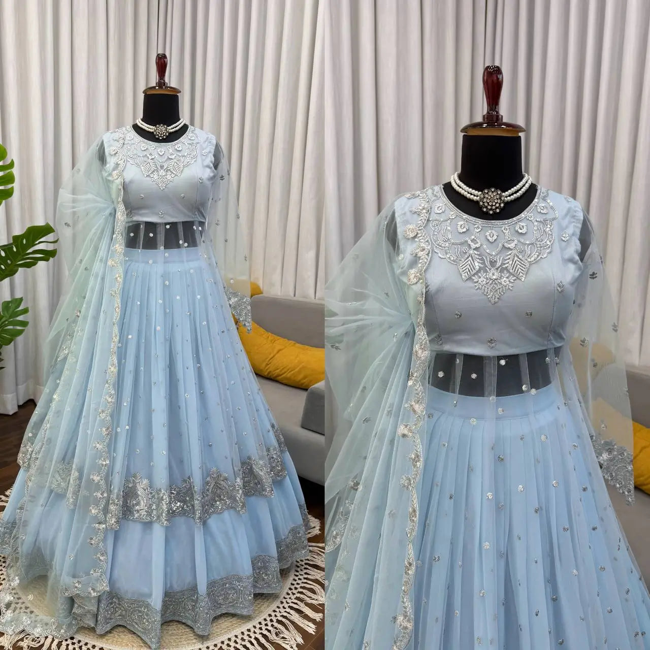 Embroidered Faux Georgette blue Gown Lehenga Dupatta Set