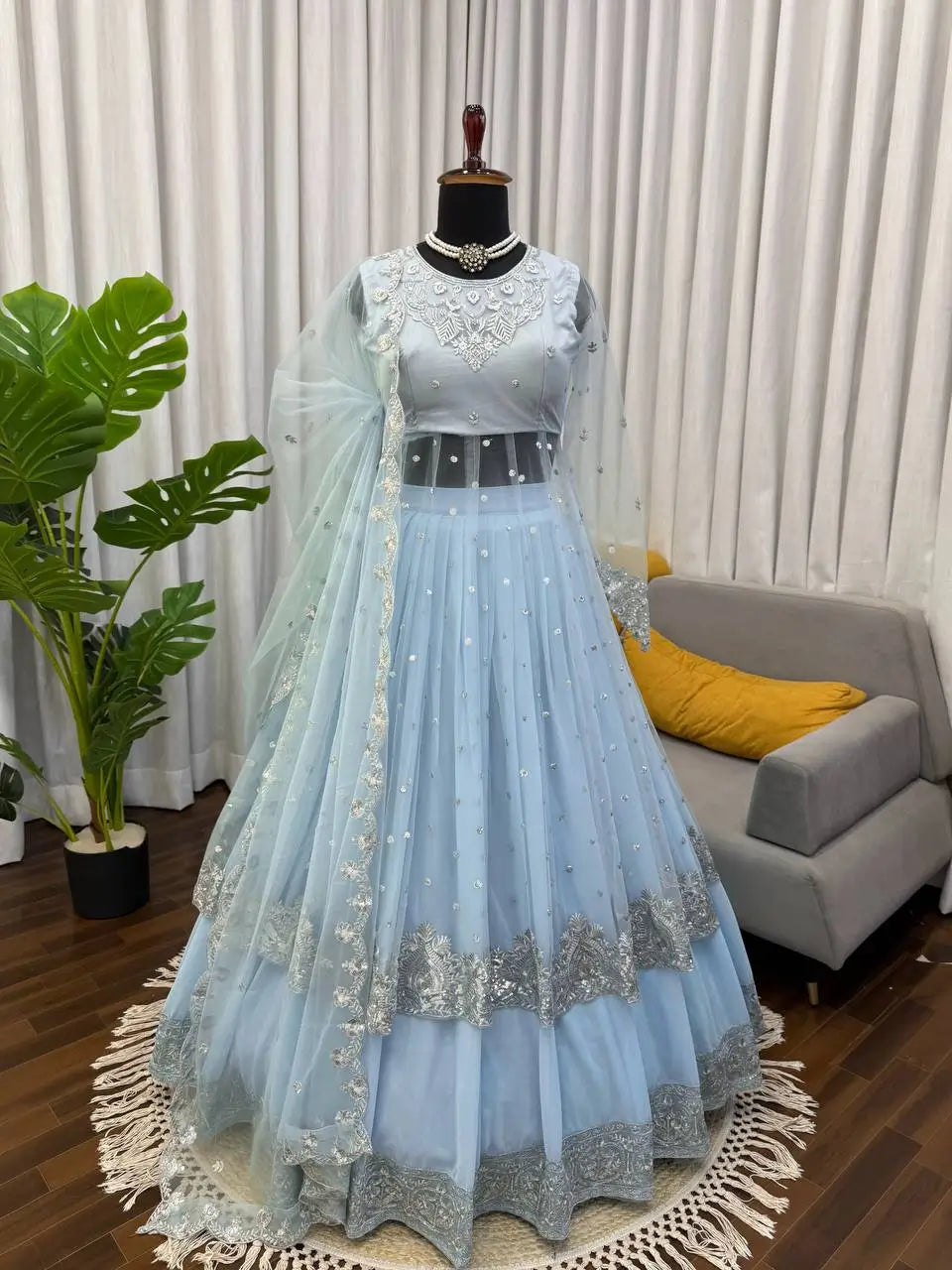Embroidered Faux Georgette blue Gown Lehenga Dupatta Set