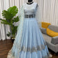 Embroidered Faux Georgette blue Gown Lehenga Dupatta Set