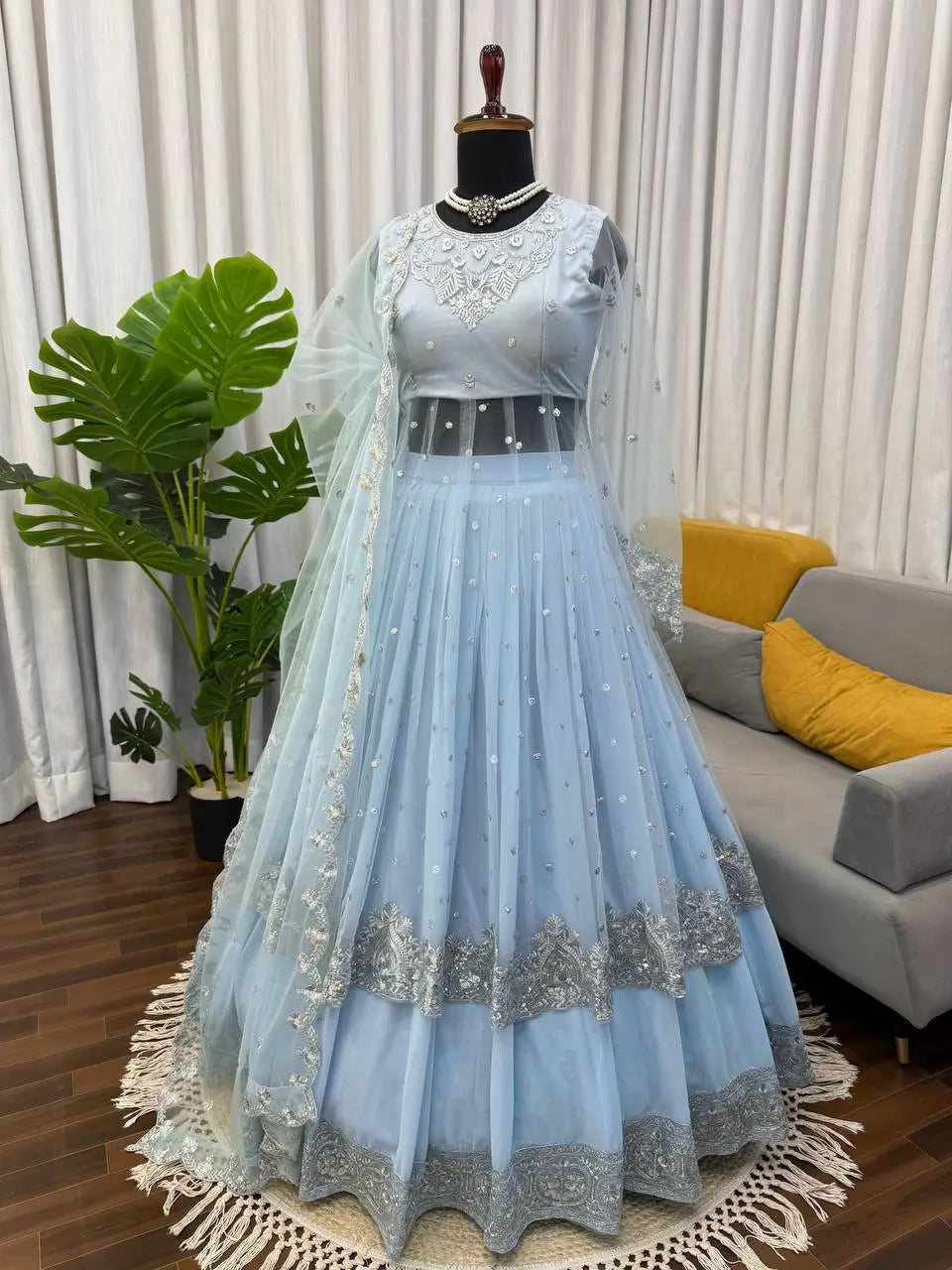 Embroidered Faux Georgette blue Gown Lehenga Dupatta Set