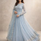 Embroidered Faux Georgette blue Gown Lehenga Dupatta Set