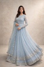 Embroidered Faux Georgette blue Gown Lehenga Dupatta Set