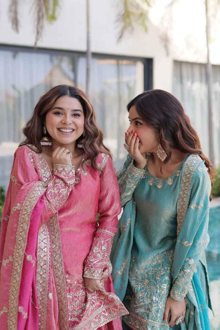 Embroidered Fendi Crush Kurti Sharara Set with Dupatta