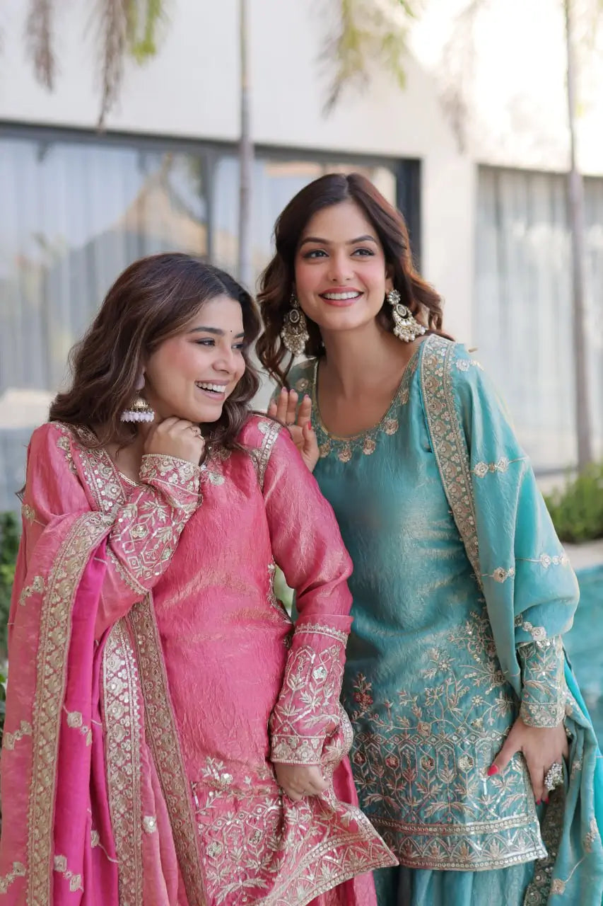Embroidered Fendi Crush Kurti Sharara Set with Dupatta