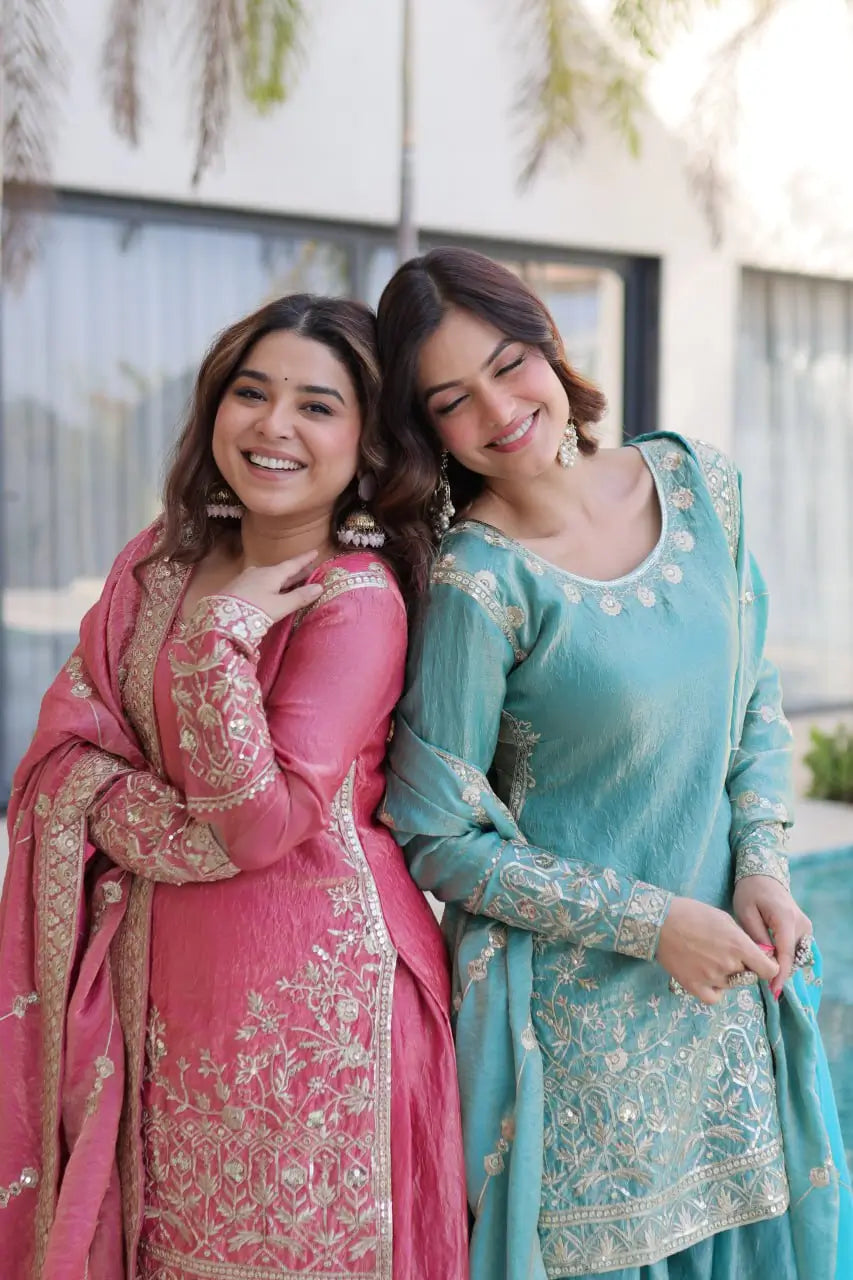 Embroidered Fendi Crush Kurti Sharara Set with Dupatta