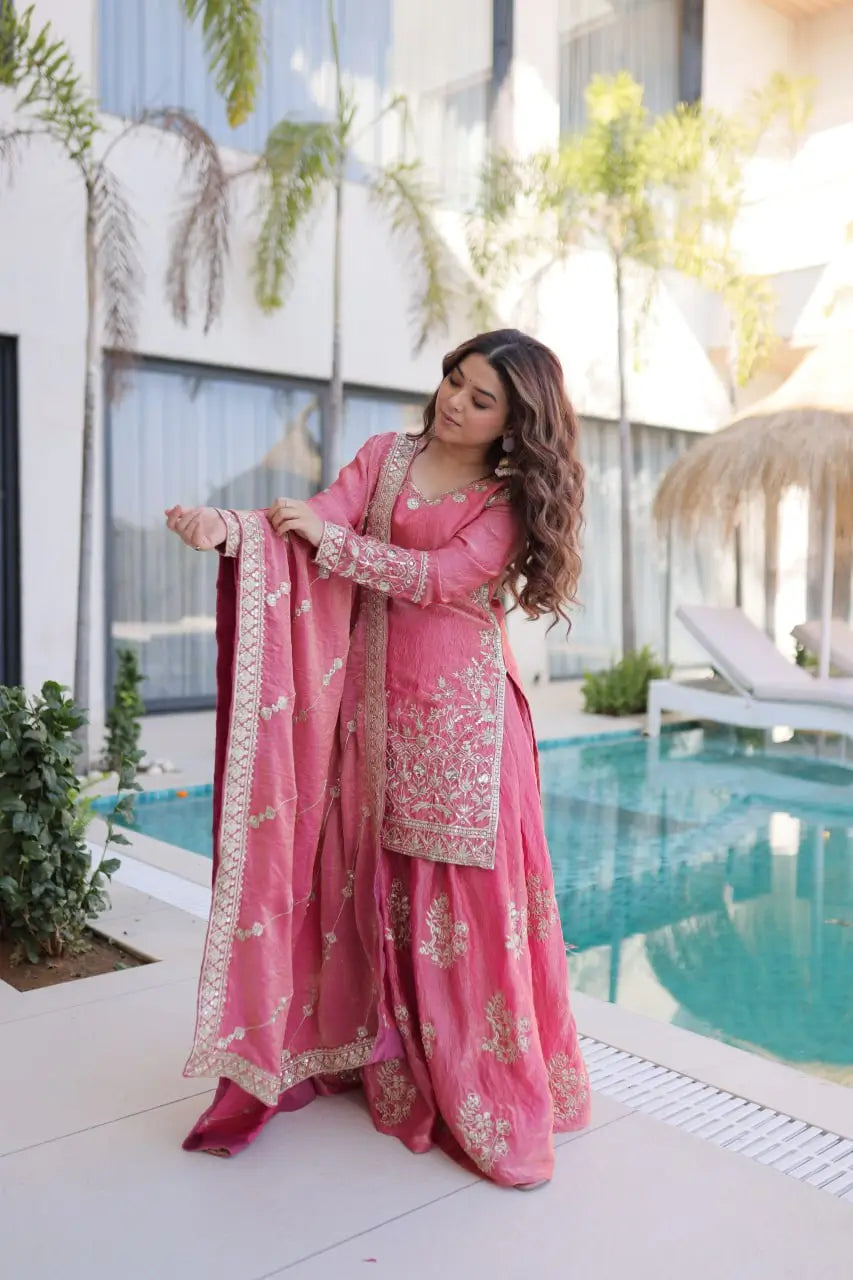 Embroidered Fendi Crush Kurti Sharara Set with Dupatta