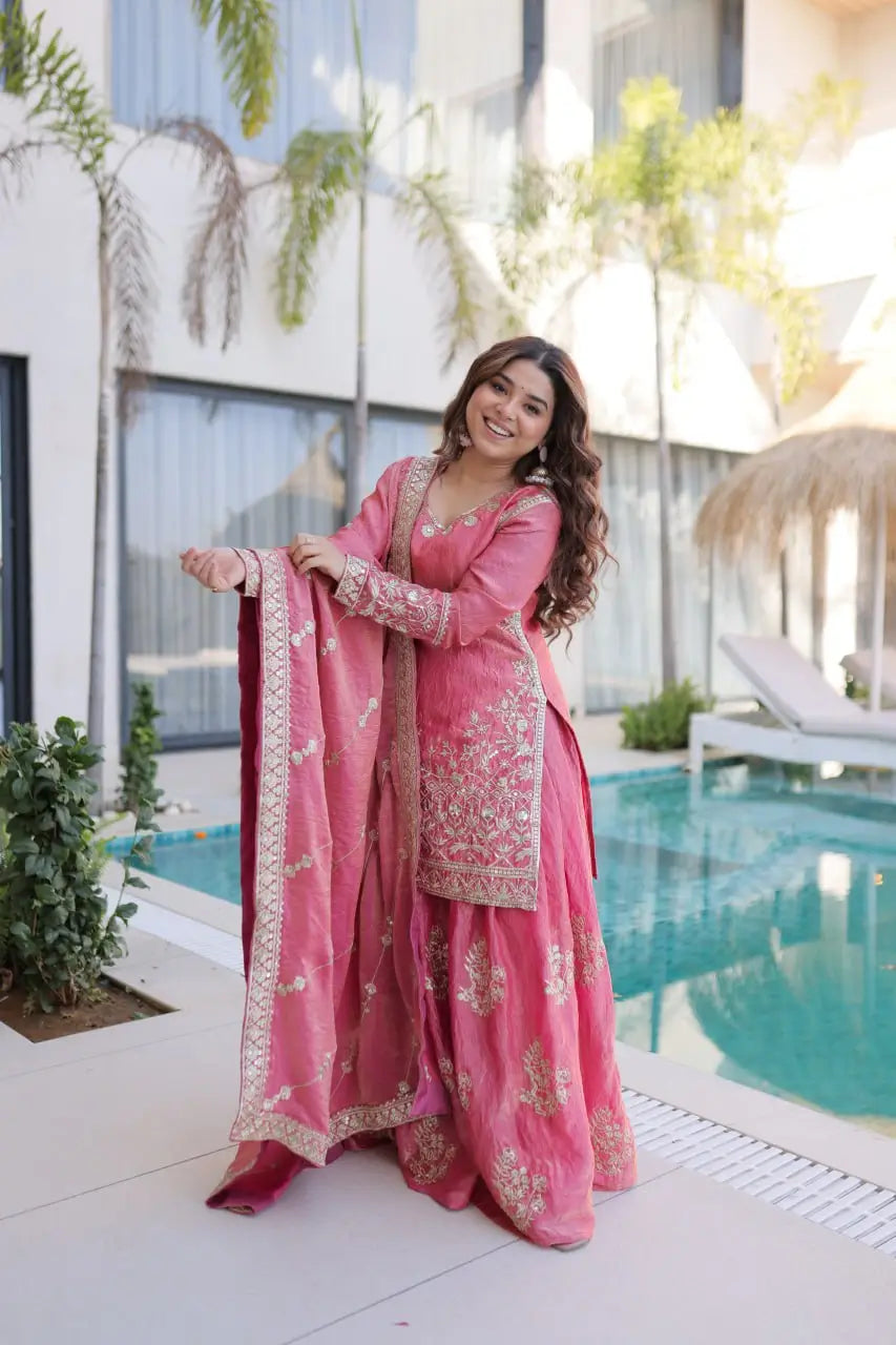 Embroidered Fendi Crush Kurti Sharara Set with Dupatta