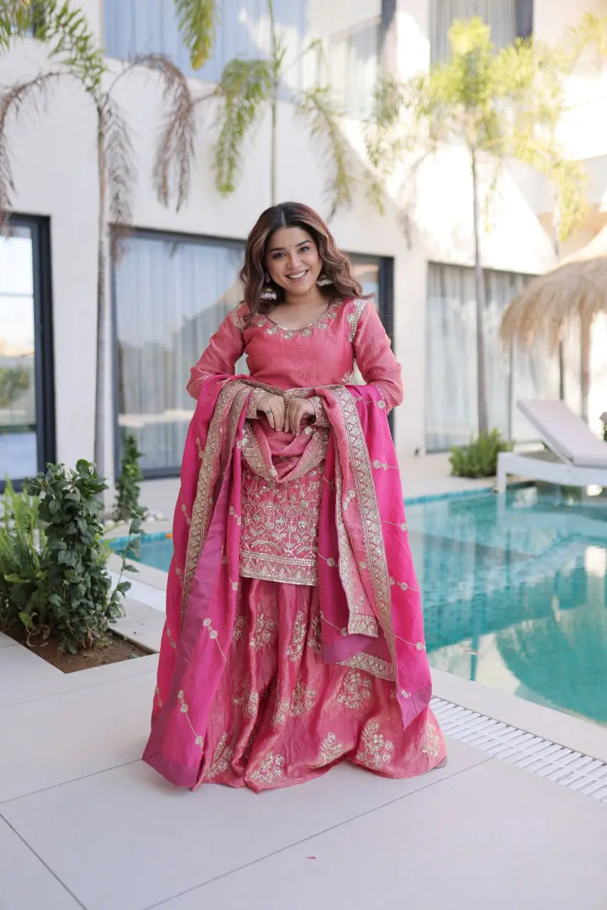 Embroidered Fendi Crush Kurti Sharara Set with Dupatta