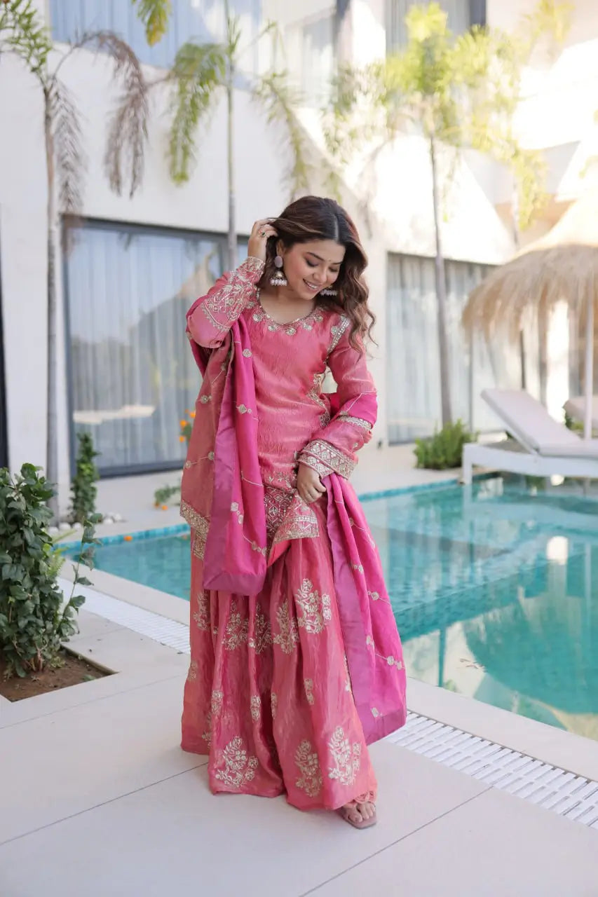 Embroidered Fendi Crush Kurti Sharara Set with Dupatta