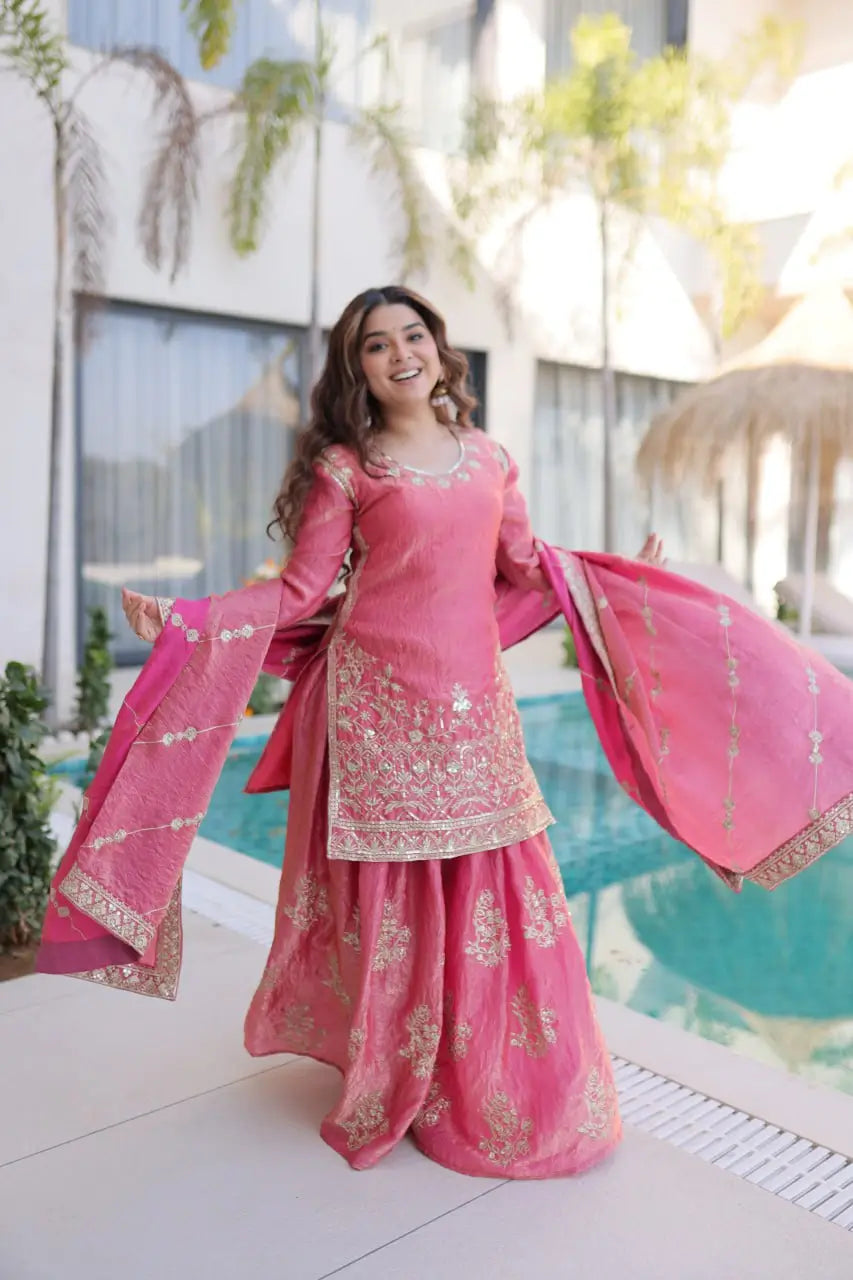 Embroidered Fendi Crush Kurti Sharara Set with Dupatta