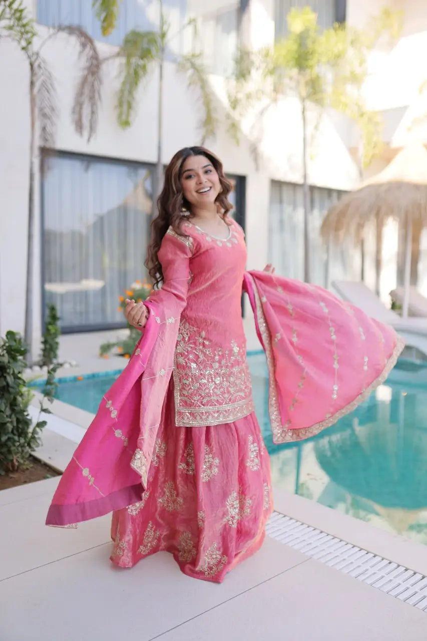 Embroidered Fendi Crush Kurti Sharara Set with Dupatta