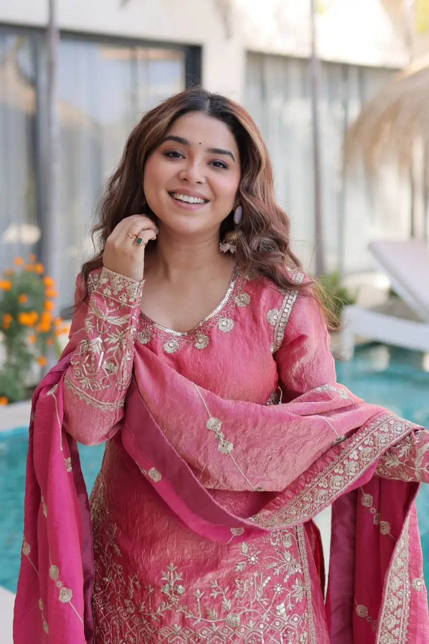 Embroidered Fendi Crush Kurti Sharara Set with Dupatta