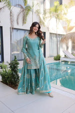 Embroidered Fendi Crush Kurti Sharara Set with Dupatta