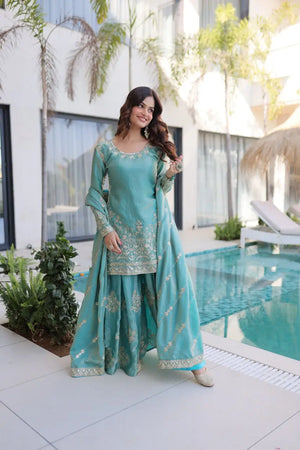 Embroidered Fendi Crush Kurti Sharara Set with Dupatta