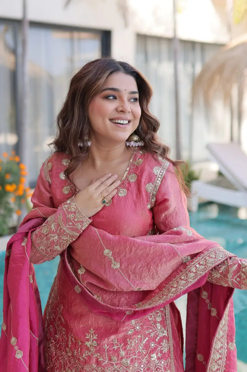Embroidered Fendi Crush Kurti Sharara Set with Dupatta