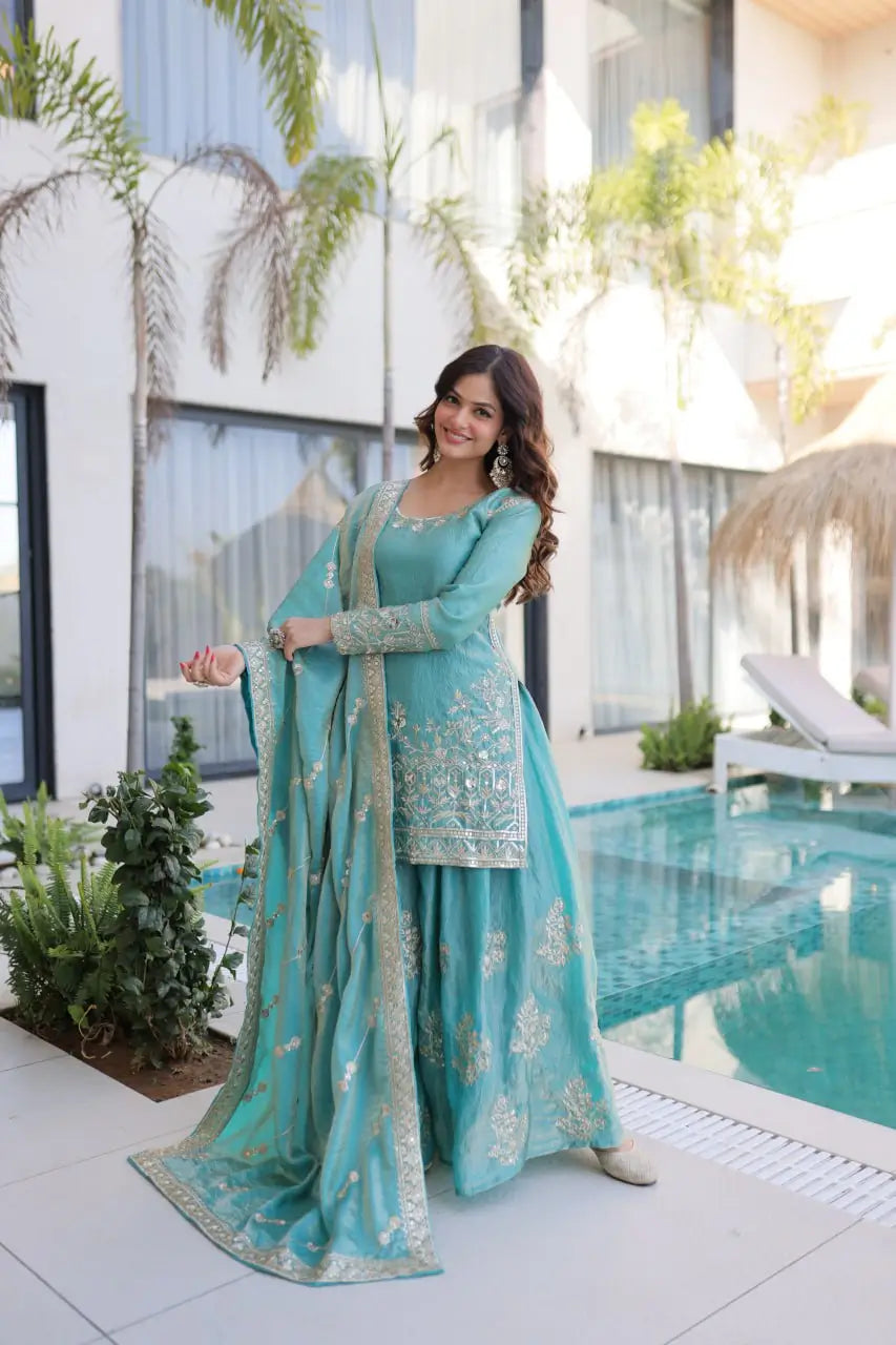 Embroidered Fendi Crush Kurti Sharara Set with Dupatta