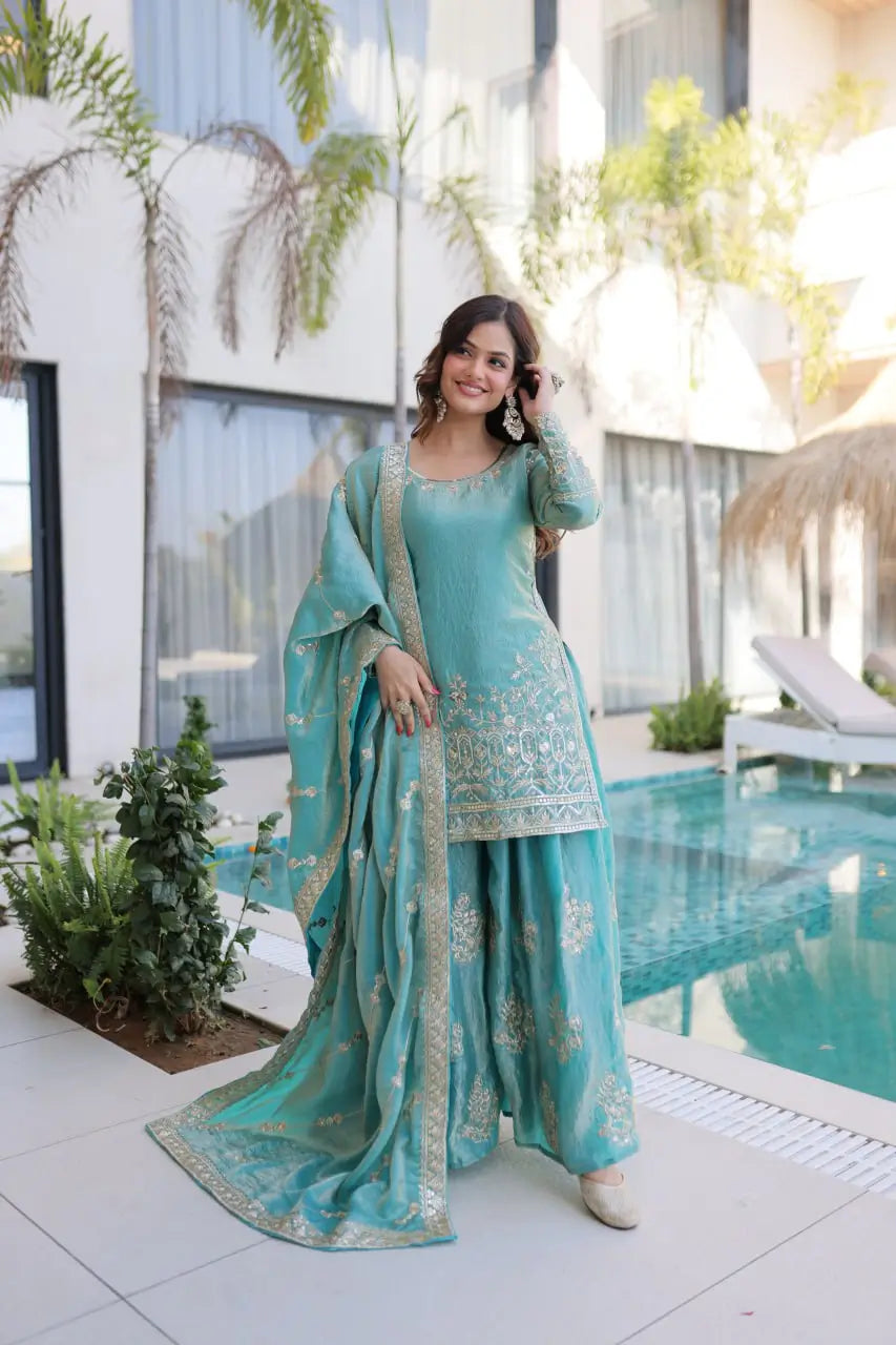 Embroidered Fendi Crush Kurti Sharara Set with Dupatta