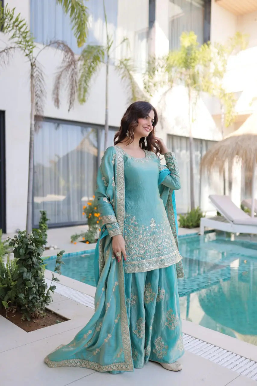 Embroidered Fendi Crush Kurti Sharara Set with Dupatta