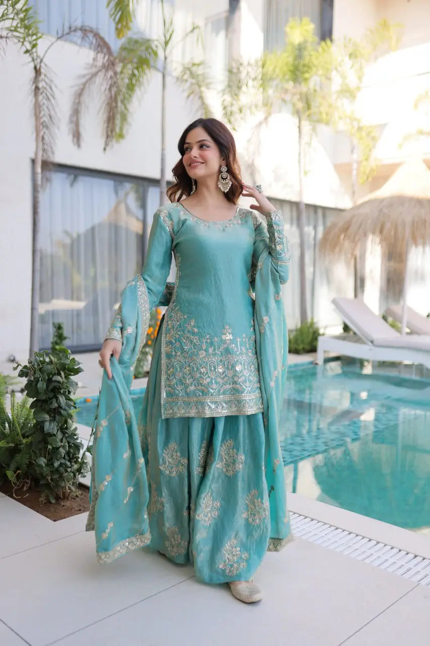 Embroidered Fendi Crush Kurti Sharara Set with Dupatta