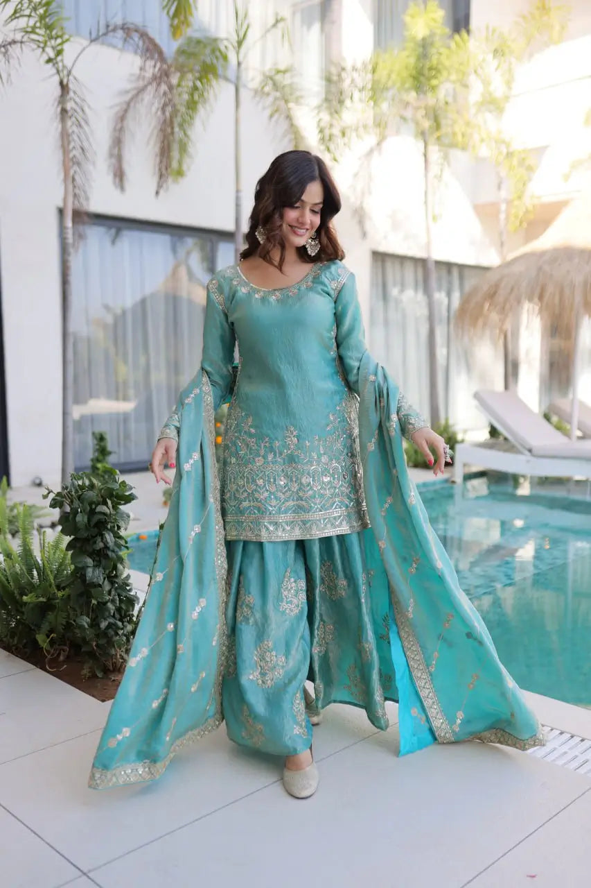 Embroidered Fendi Crush Kurti Sharara Set with Dupatta