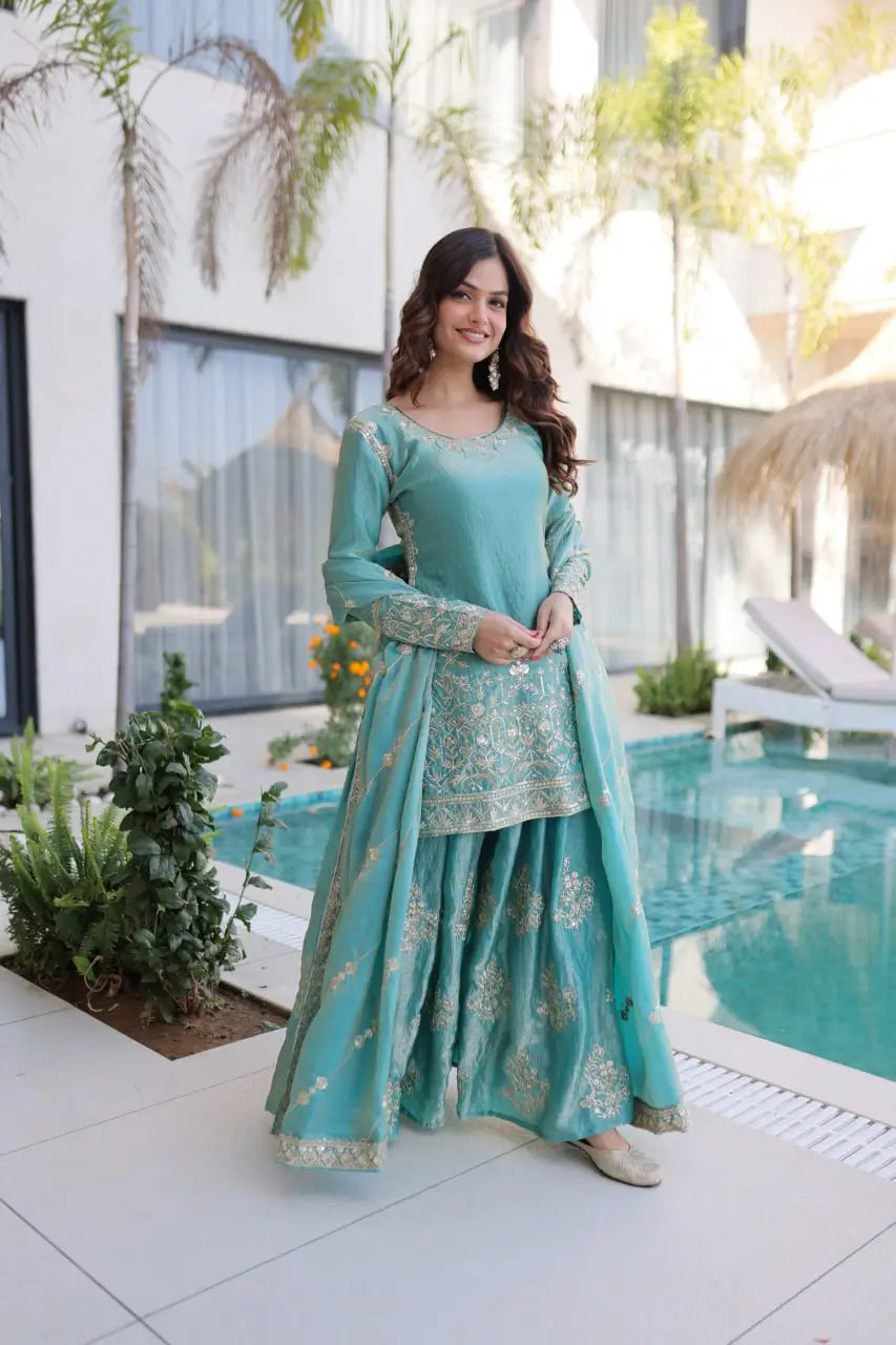 Embroidered Fendi Crush Kurti Sharara Set with Dupatta