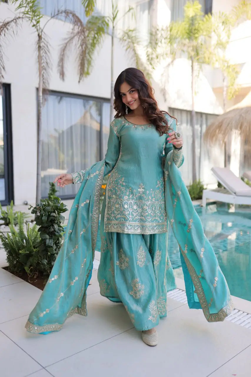 Embroidered Fendi Crush Kurti Sharara Set with Dupatta