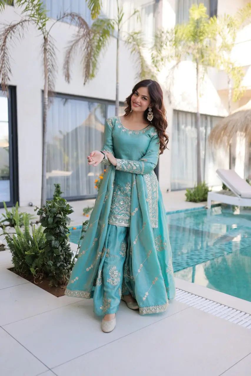 Embroidered Fendi Crush Kurti Sharara Set with Dupatta