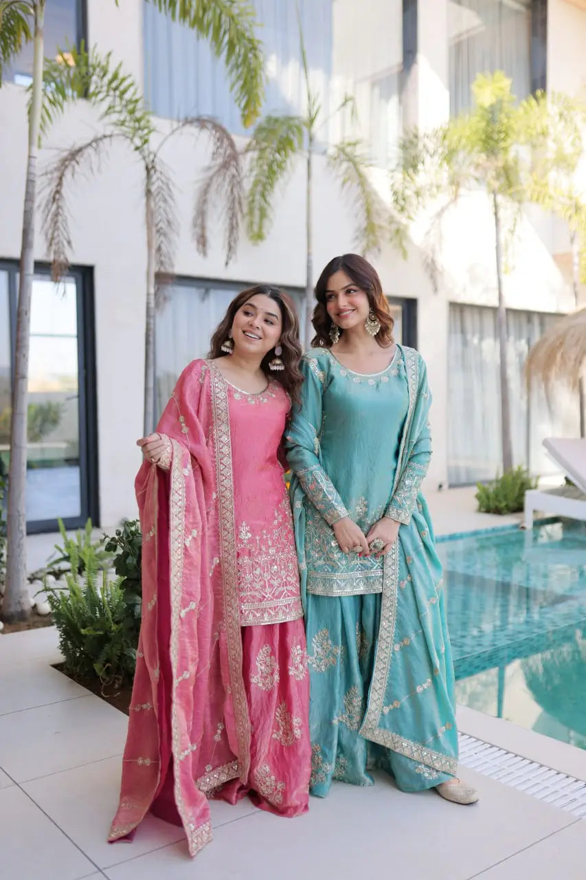 Embroidered Fendi Crush Kurti Sharara Set with Dupatta