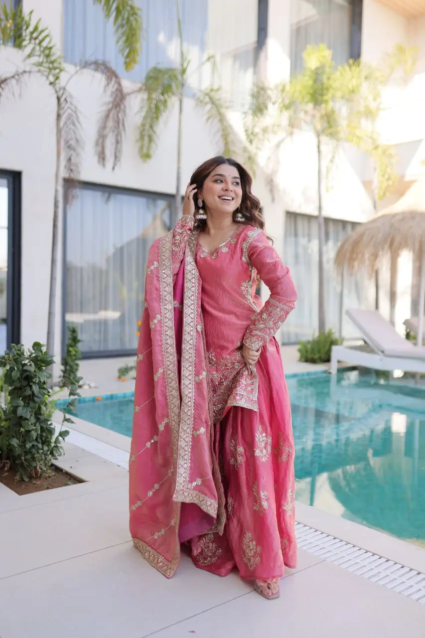 Embroidered Fendi Crush Kurti Sharara Set with Dupatta