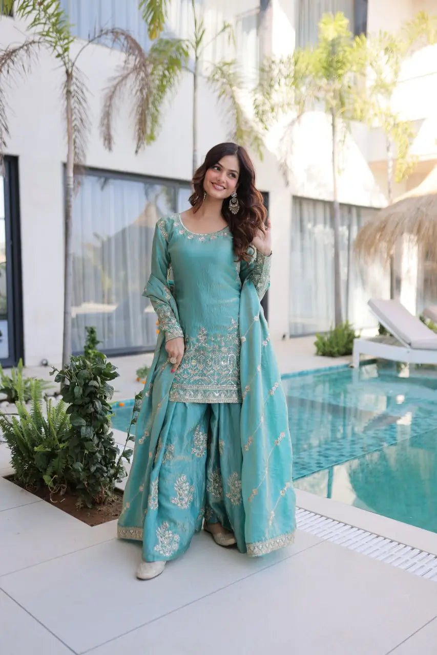 Embroidered Fendi Crush Kurti Sharara Set with Dupatta