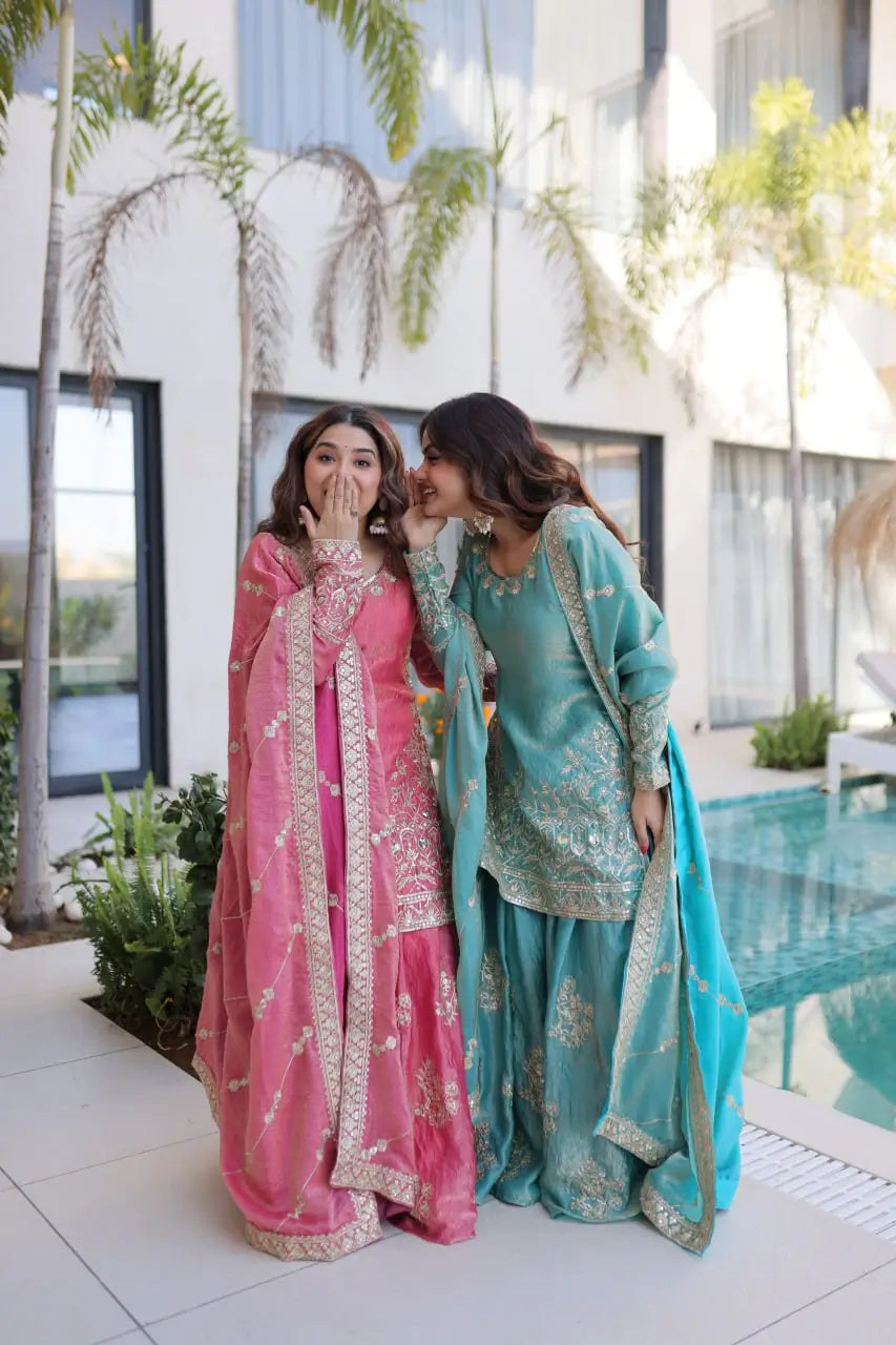 Embroidered Fendi Crush Kurti Sharara Set with Dupatta