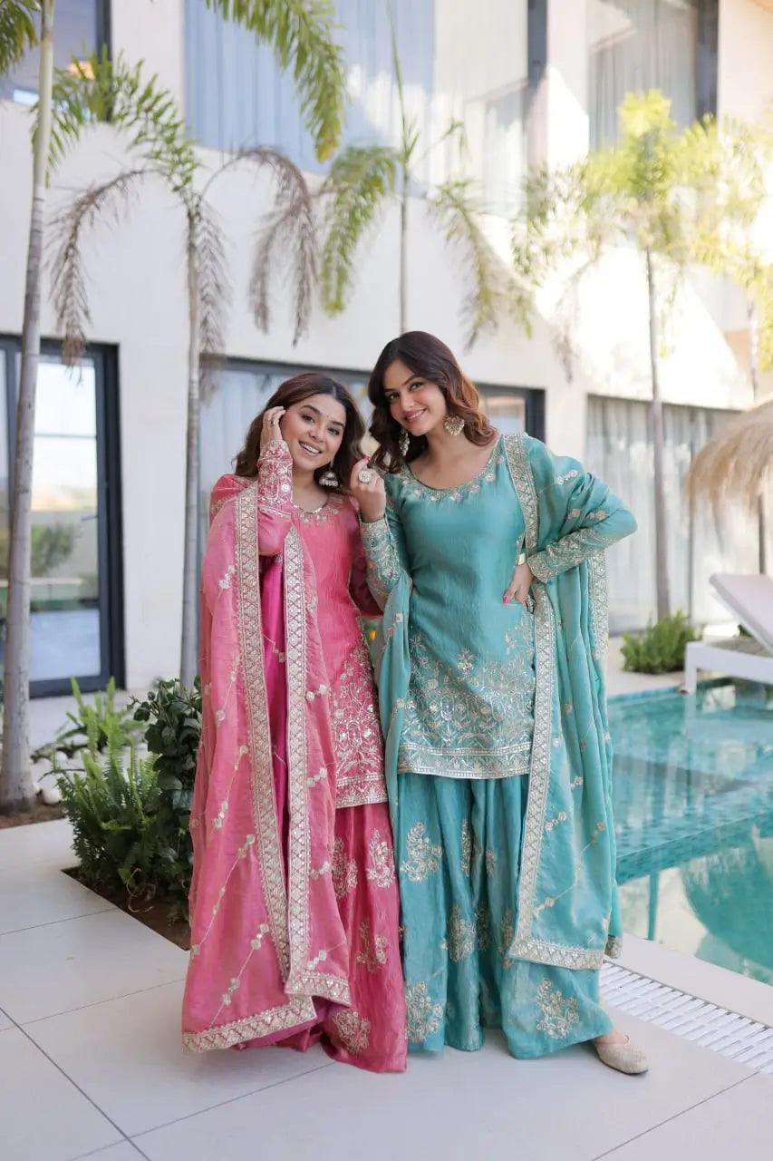 Embroidered Fendi Crush Kurti Sharara Set with Dupatta