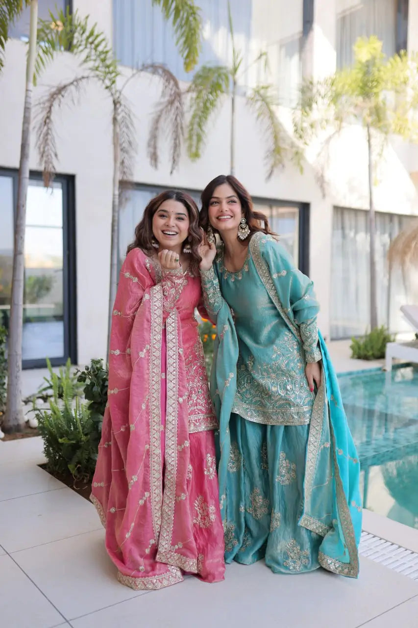 Embroidered Fendi Crush Kurti Sharara Set with Dupatta