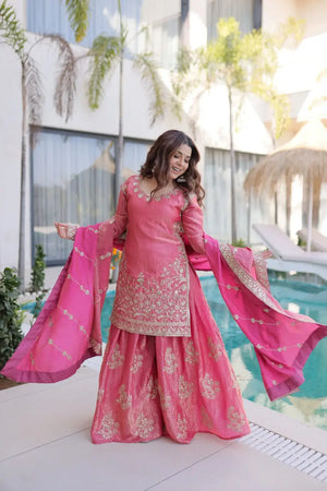Embroidered Fendi Crush Kurti Sharara Set with Dupatta