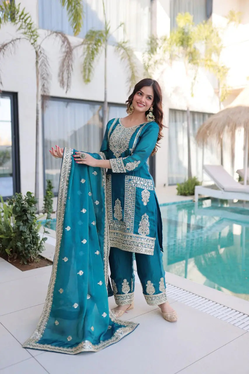 Embroidered Fendi Silk Kurta Pant Set with Dupatta