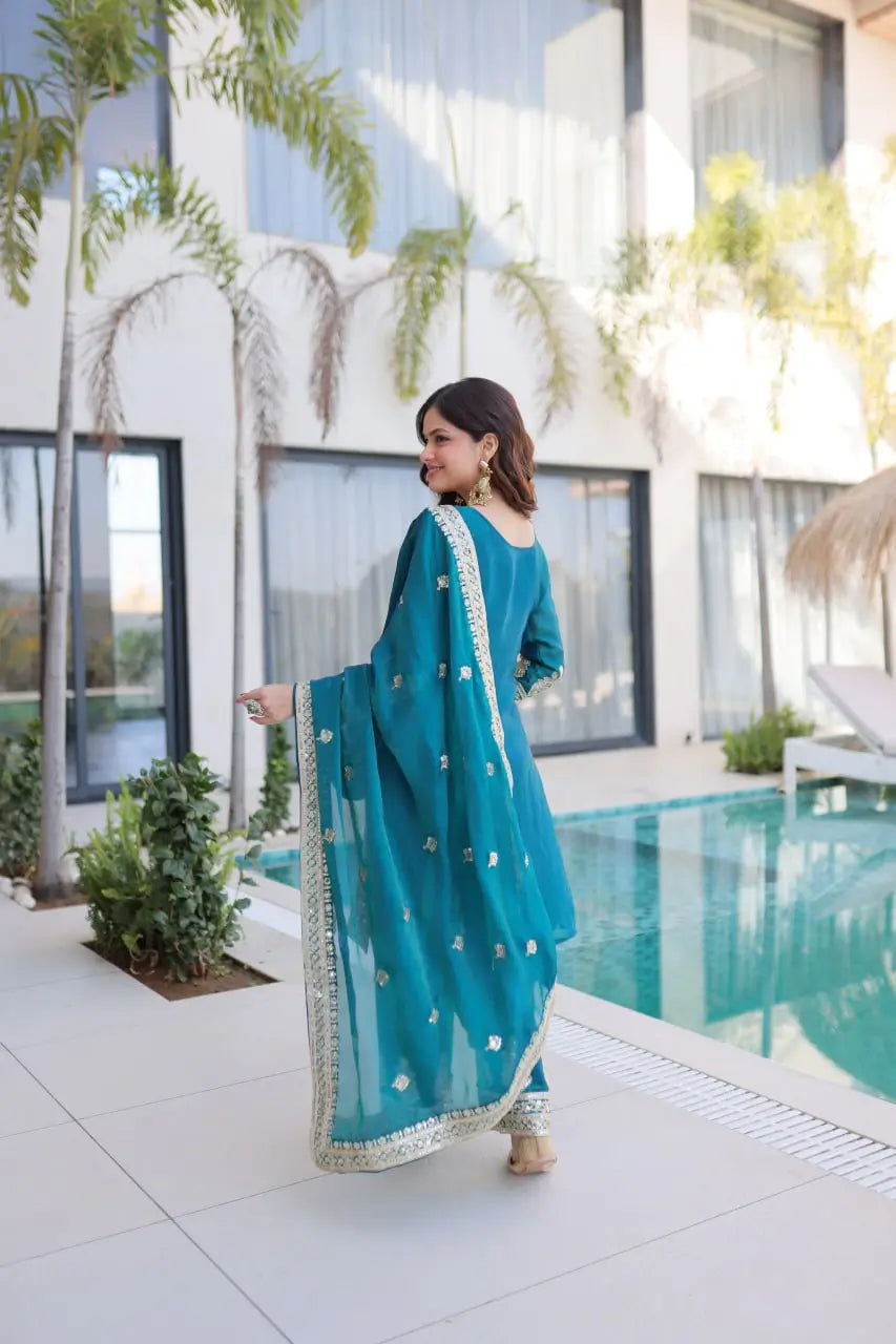 Embroidered Fendi Silk Kurta Pant Set with Dupatta