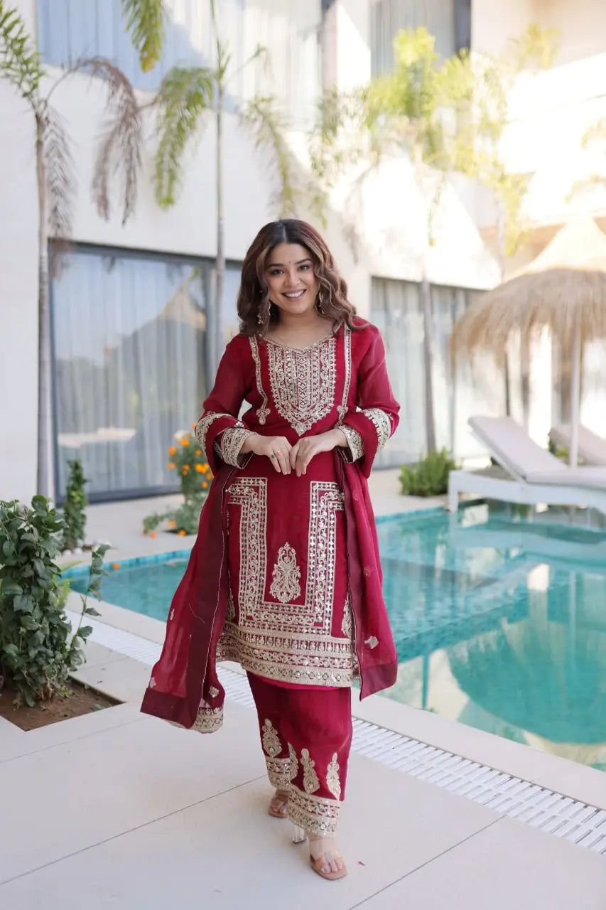 Embroidered Fendi Silk Kurta Pant Set with Dupatta