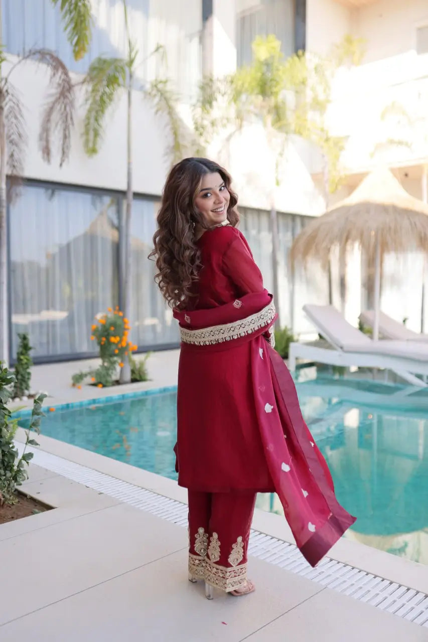 Embroidered Fendi Silk Kurta Pant Set with Dupatta