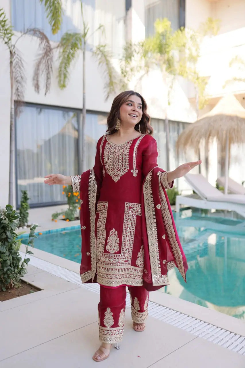 Embroidered Fendi Silk Kurta Pant Set with Dupatta