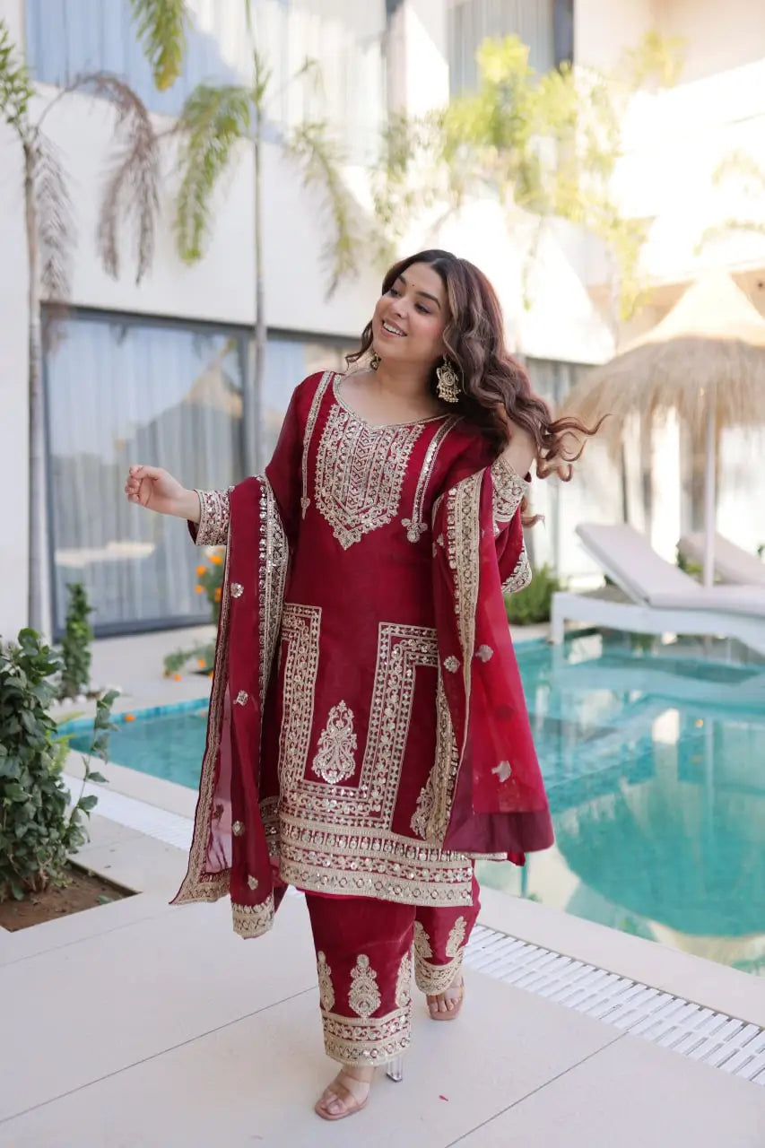 Embroidered Fendi Silk Kurta Pant Set with Dupatta
